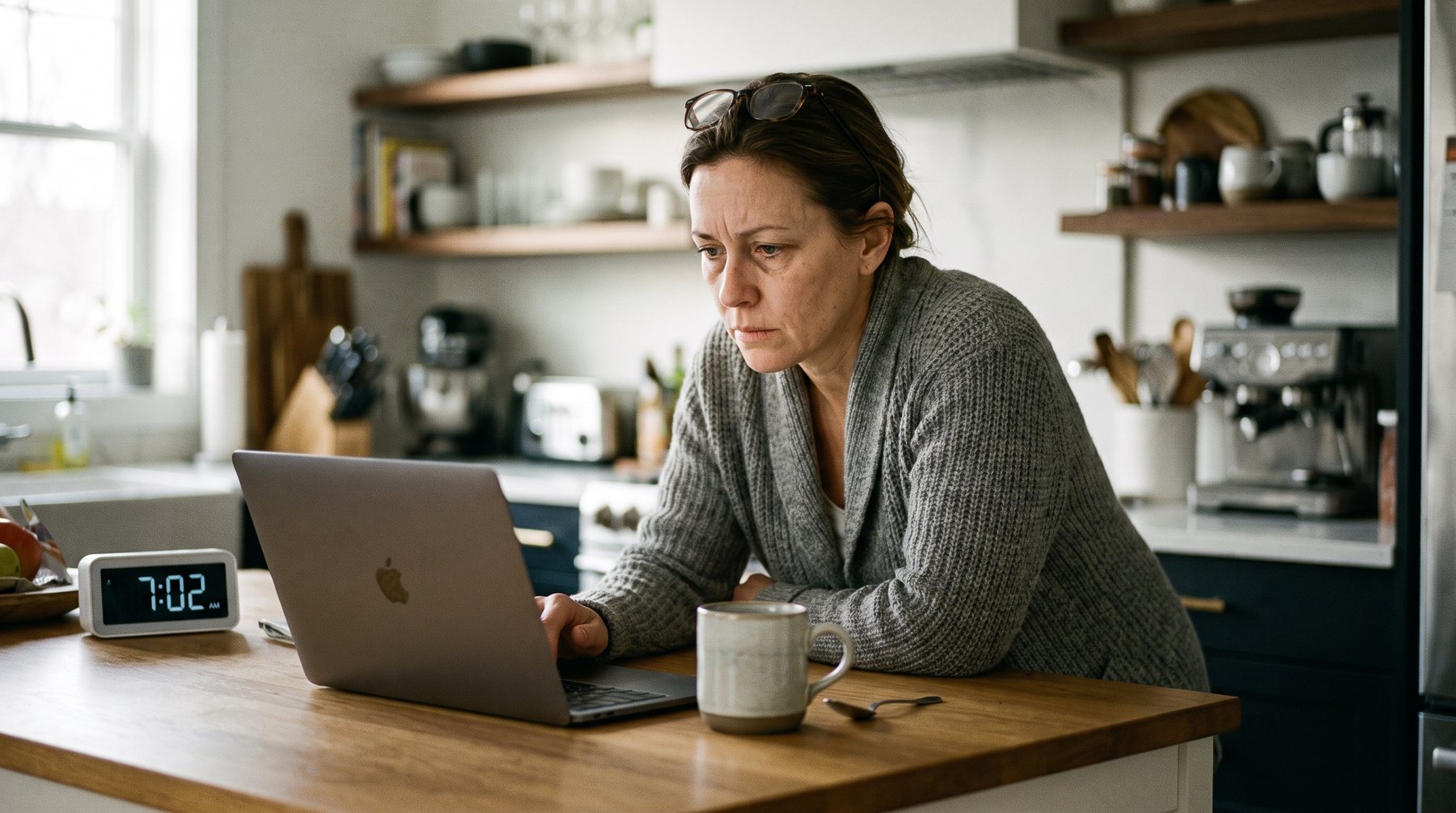An operations leader at a kitchen island at 7am, laptop open, deciding