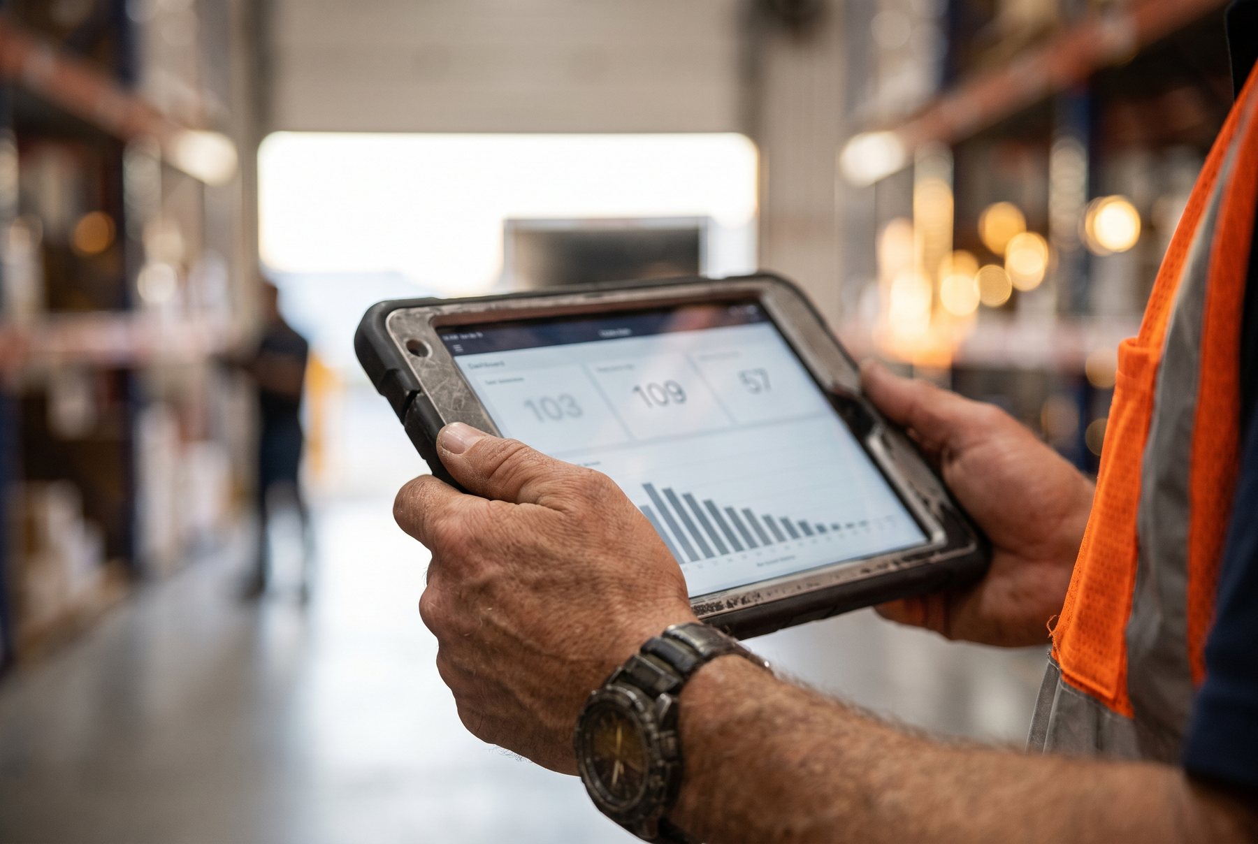 Hands holding a tablet with a simple dashboard in a warehouse aisle